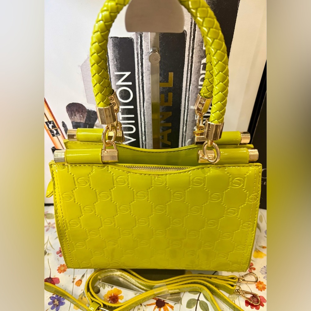 BEBE Lime Green Patent Satchel/Crossbody w/Braided Top Handle/Adjustable Strap - Picture 8 of 14